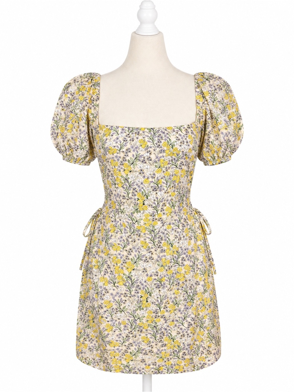 ASTR The Label Yellow Floral Puff Sleeve Mini Dress Linen Blend Women’s M